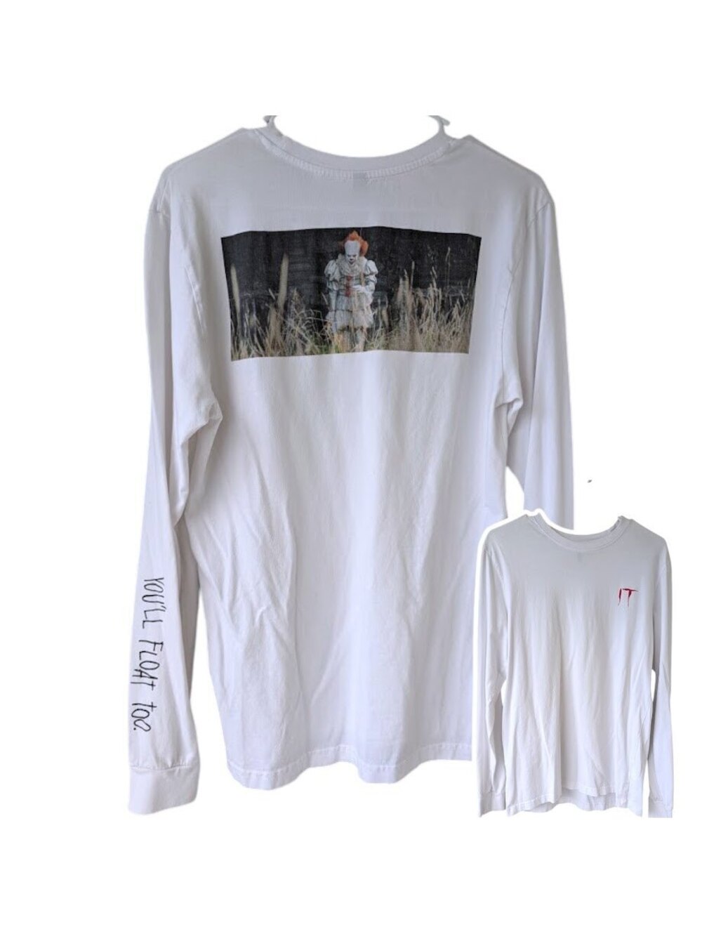 H&M IT Movie Long Sleeve T-Shirt Pennywise Graphic White Small Horror 18.5x27.5